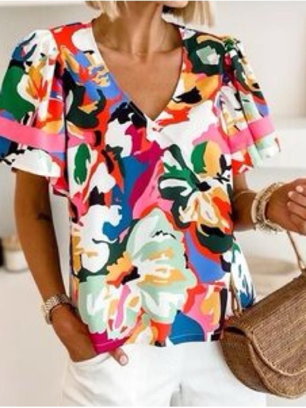 CROSBY by Mollie Burch Vibrant Floral V-Neck Flutter Sleeve Top - Multi